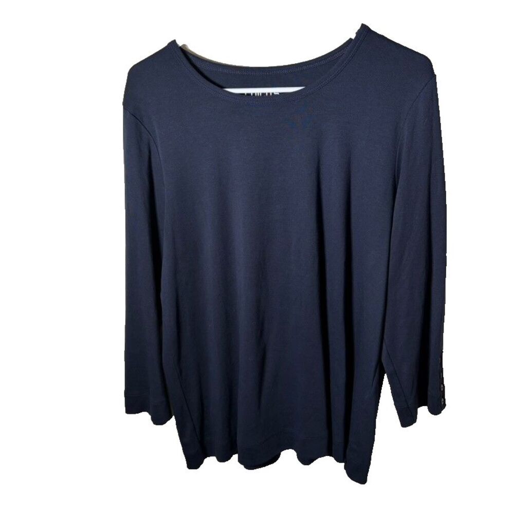Chico's T-Shirt Women's 2 Navy Blue Round Neck 3/4 Sleeve Large Solid Basic Top